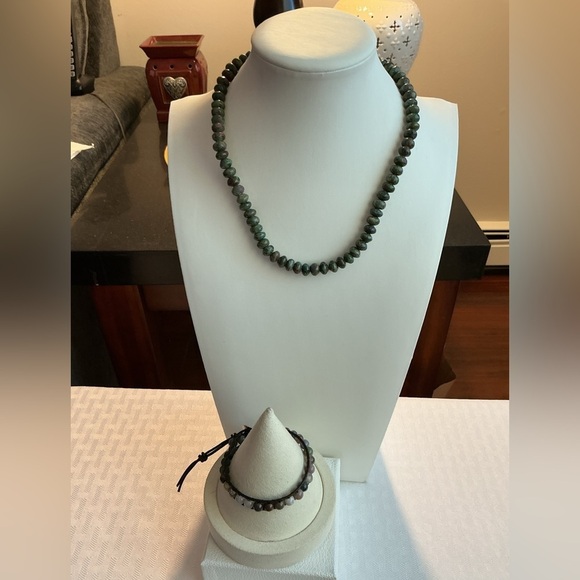 Ruby in Zoisite (Anyolite) Necklace Jewelry - Natural Ruby Zoisite Silver Tone Necklace and Bracelet Set